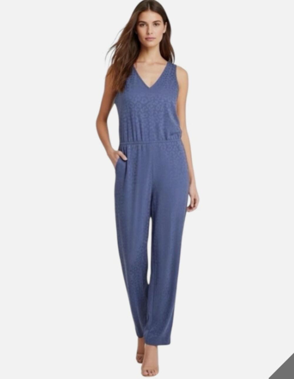Athleta Brooklyn Textured Jumpsuit Blue Leopard Jacquard V-Neck Sleeveless